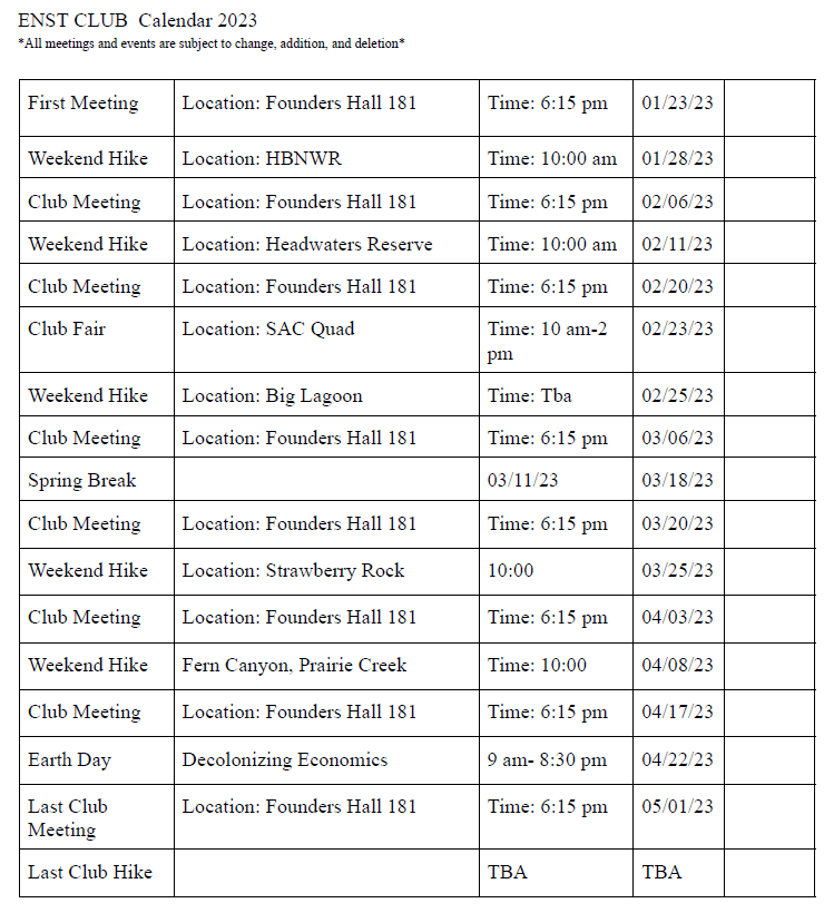 ENST Club schedule